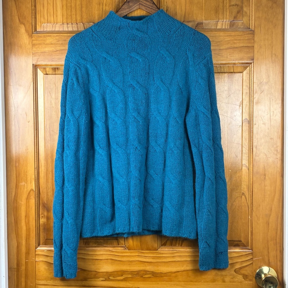 Eddie Bauer Wool Angora Cable Knit Sweater Vintage Teal Mock Neck Made in UK